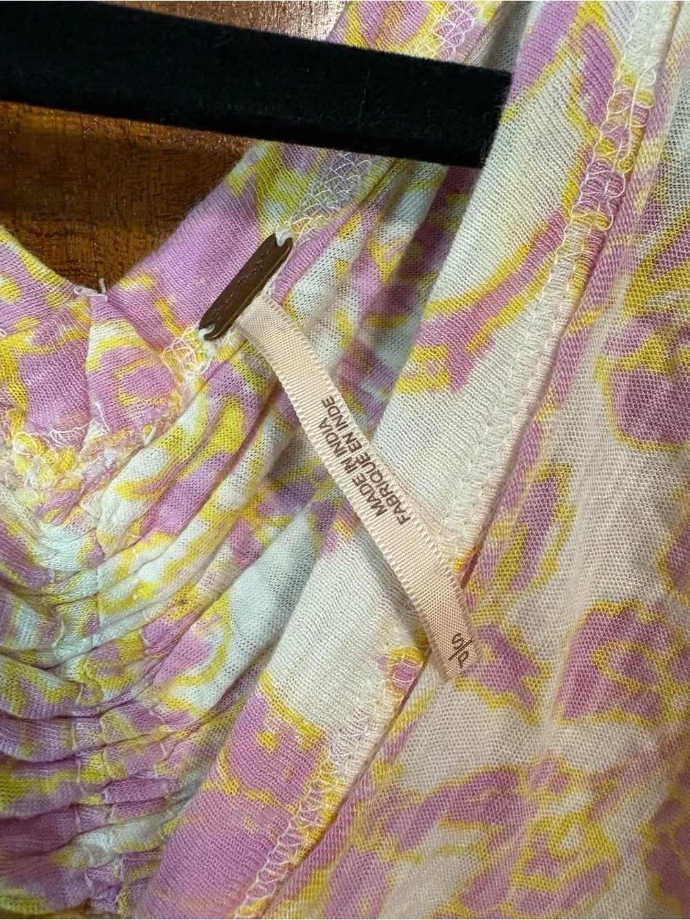 Free People Pink & Yellow Ruched V-Neck Blouse